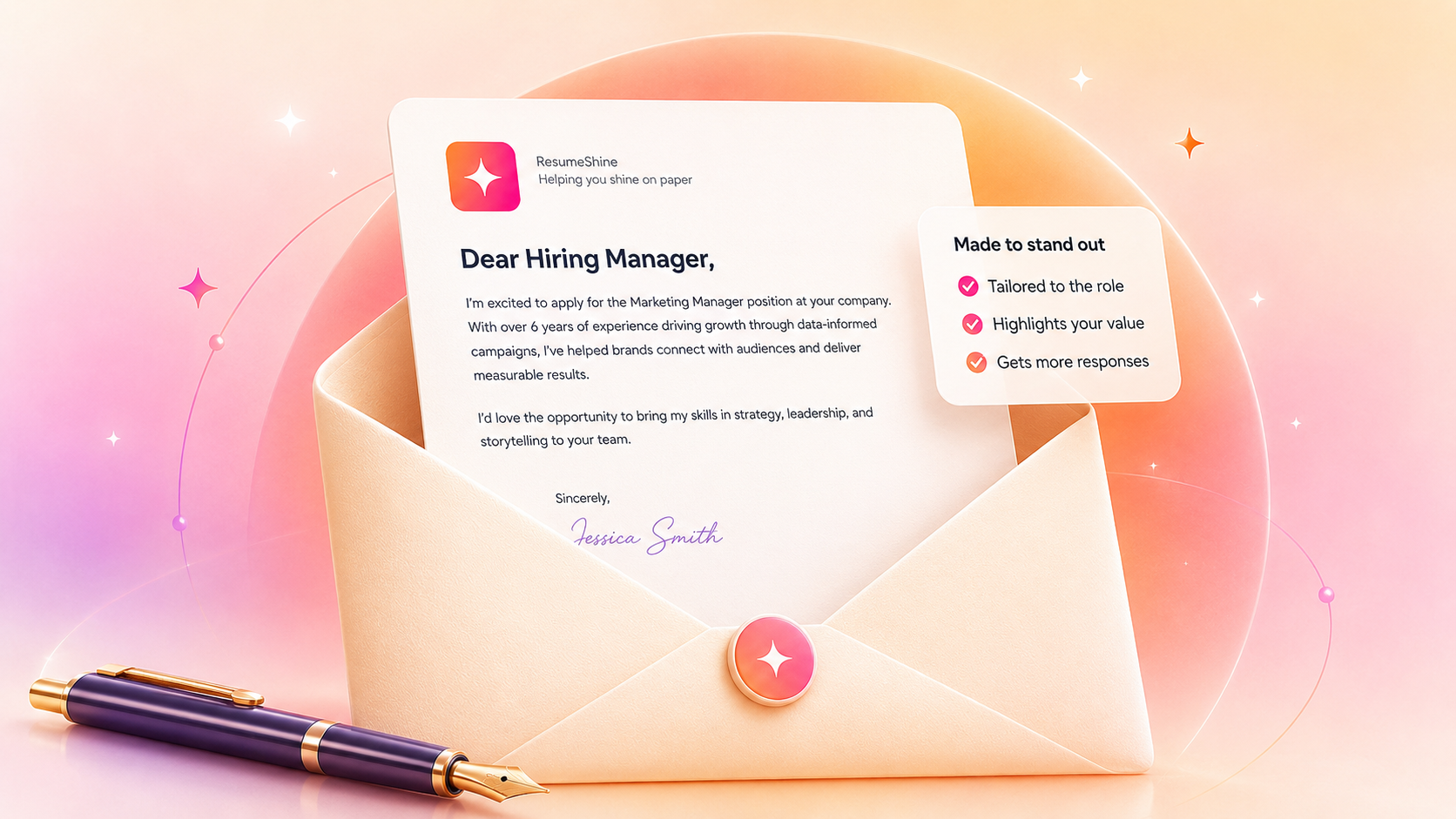 Warm 3D illustration of a cover letter emerging from a cream envelope with a sparkle seal, fountain pen, and a 'Made to stand out' checklist badge