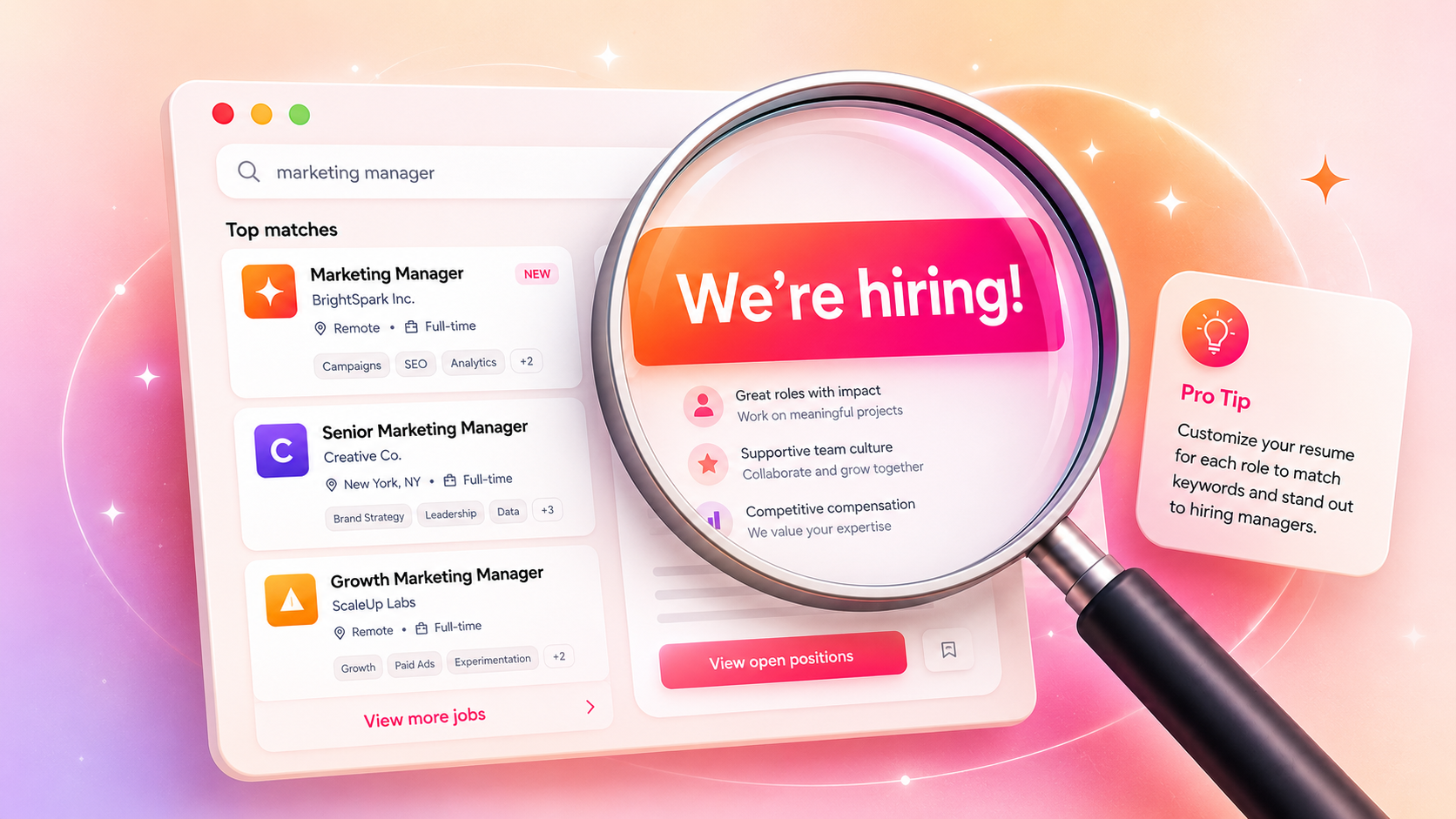 Warm 3D illustration of a magnifying glass over a job board reading We're hiring, with job listing cards and a Pro Tip badge