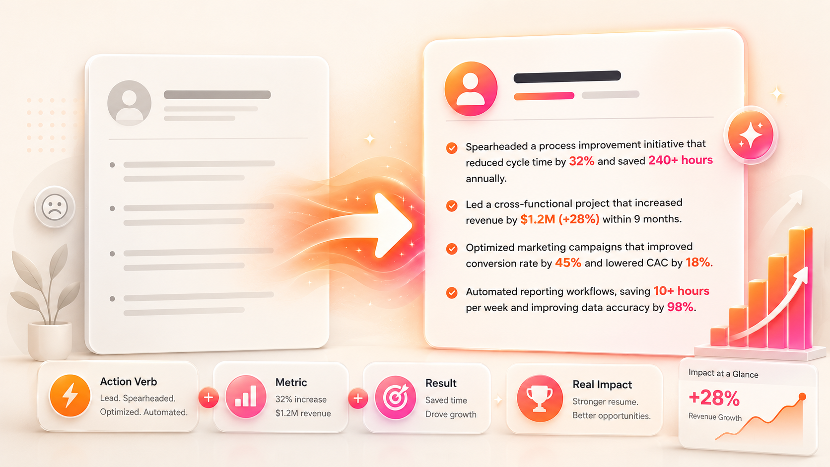Warm 3D illustration — How to Write Resume Bullets That Show Impact