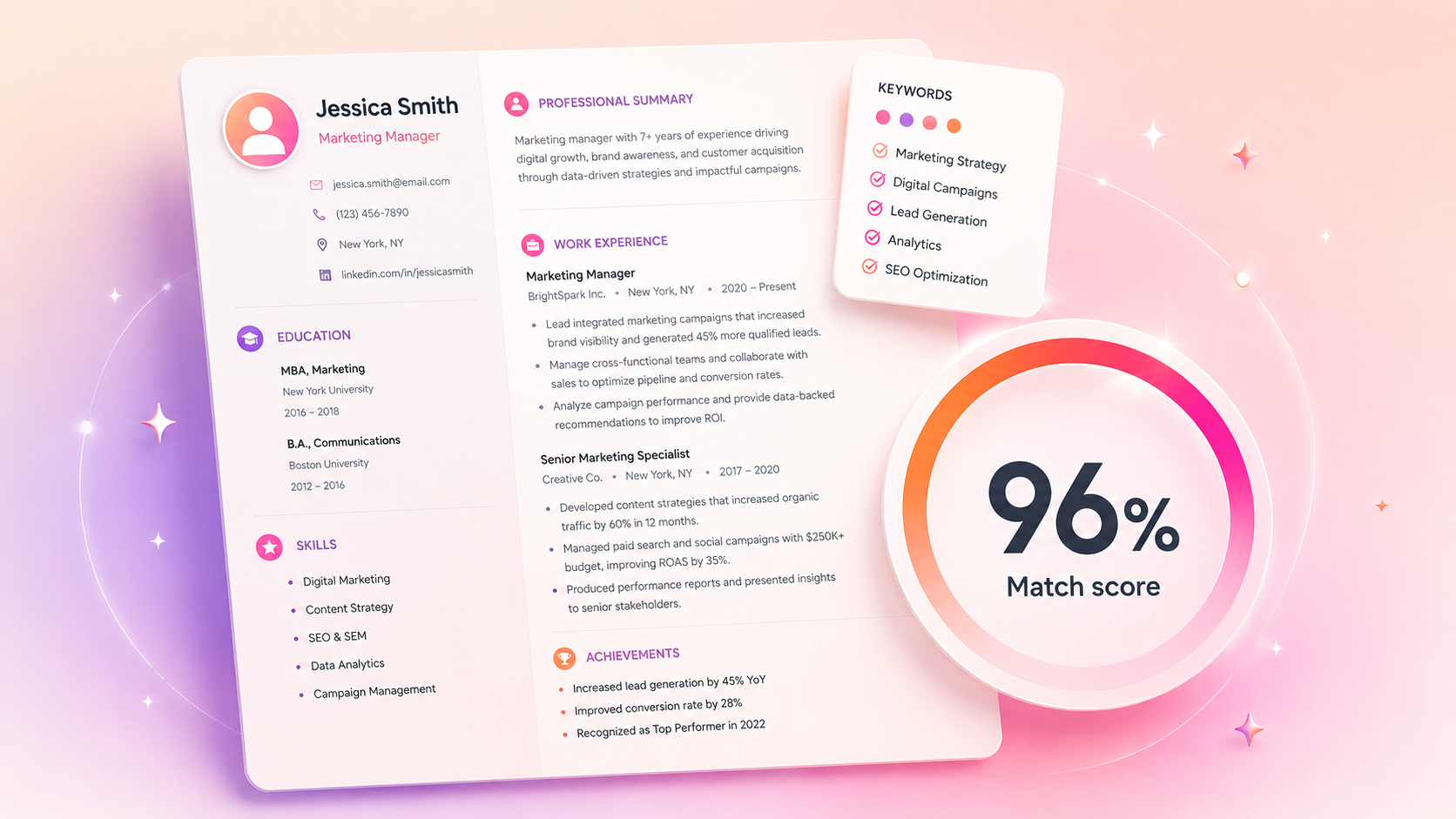 Warm 3D illustration of Jessica Smith's resume with a keywords card and a 96% match score ring