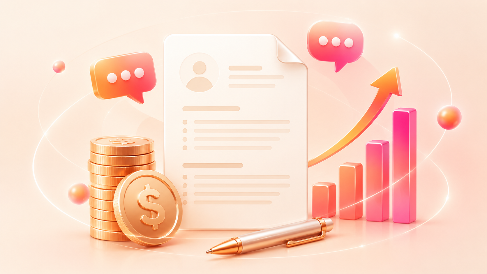 Warm 3D illustration of a document surrounded by gold coins, chat bubbles, a pen, and a rising chart with an upward arrow